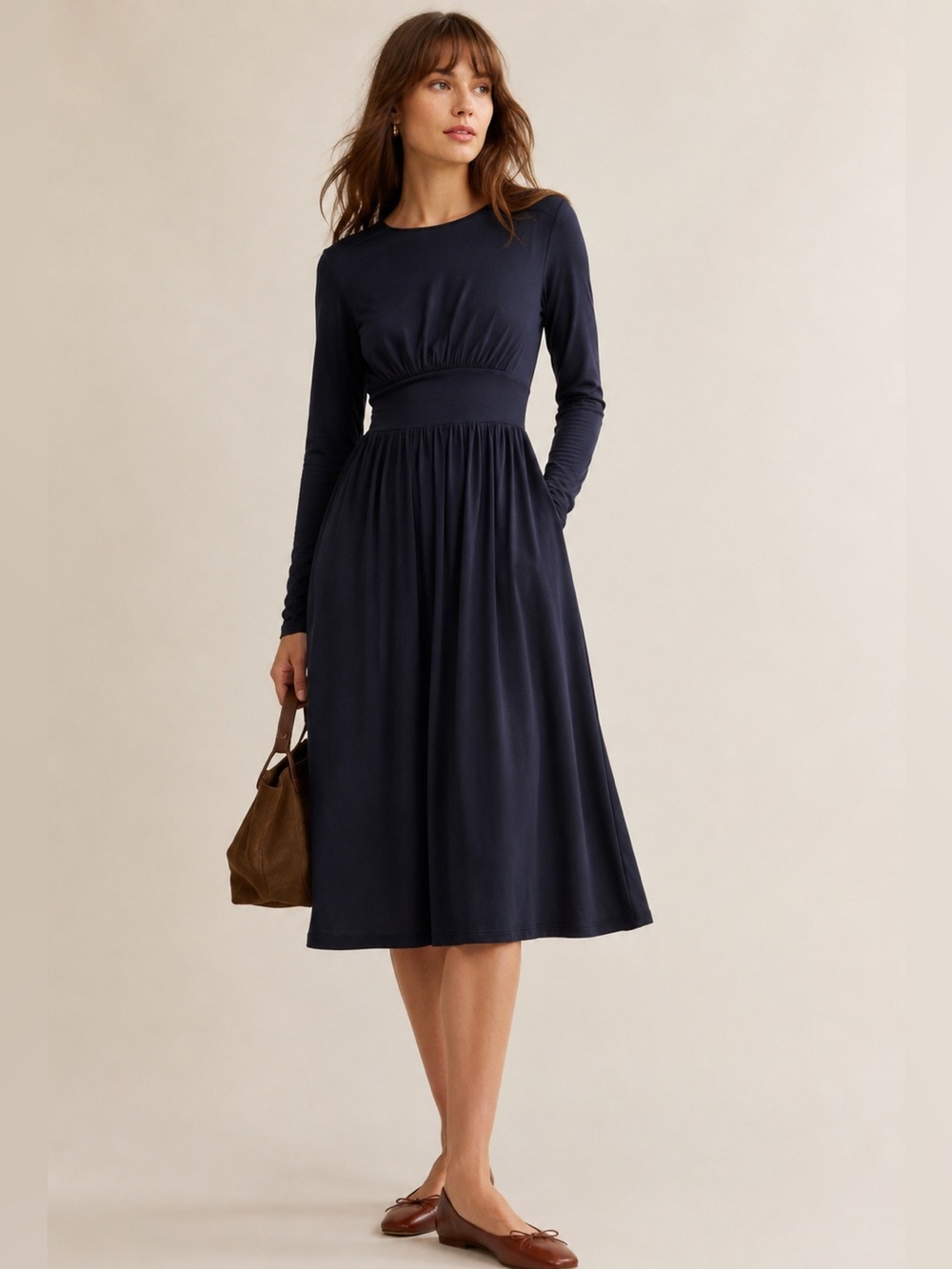 Boden Navy Jersey Midi Dress Petite US 4P Stretch Empire Waist